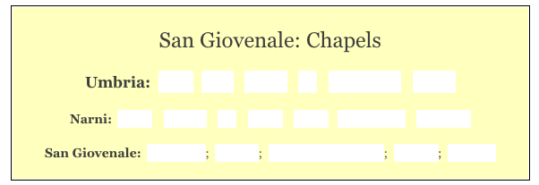 
San Giovenale: Chapels 

Umbria:  Home   Cities    History    Art    Hagiography    Contact  
    
Narni:  Home    History    Art    Saints    Walks   Monuments    Museums 

San Giovenale:  Main page;  Interior;  Sacello di San Cassio;  Chapels;  Frescoes
