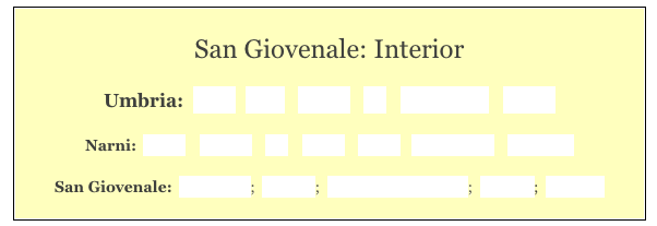 
San Giovenale: Interior

Umbria:  Home   Cities    History    Art    Hagiography    Contact  
    
Narni:  Home    History    Art    Saints    Walks   Monuments    Museums 

San Giovenale:  Main page;  Interior;  Sacello di San Cassio;  Chapels;  Frescoes 
