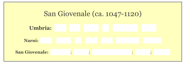 
San Giovenale (ca. 1047-1120) 

Umbria:  Home   Cities    History    Art    Hagiography    Contact  
    
Narni:  Home    History    Art    Saints    Walks   Monuments    Museums 

San Giovenale:  Main page;  Interior;  Sacello di San Cassio;  Chapels;  Frescoes 
